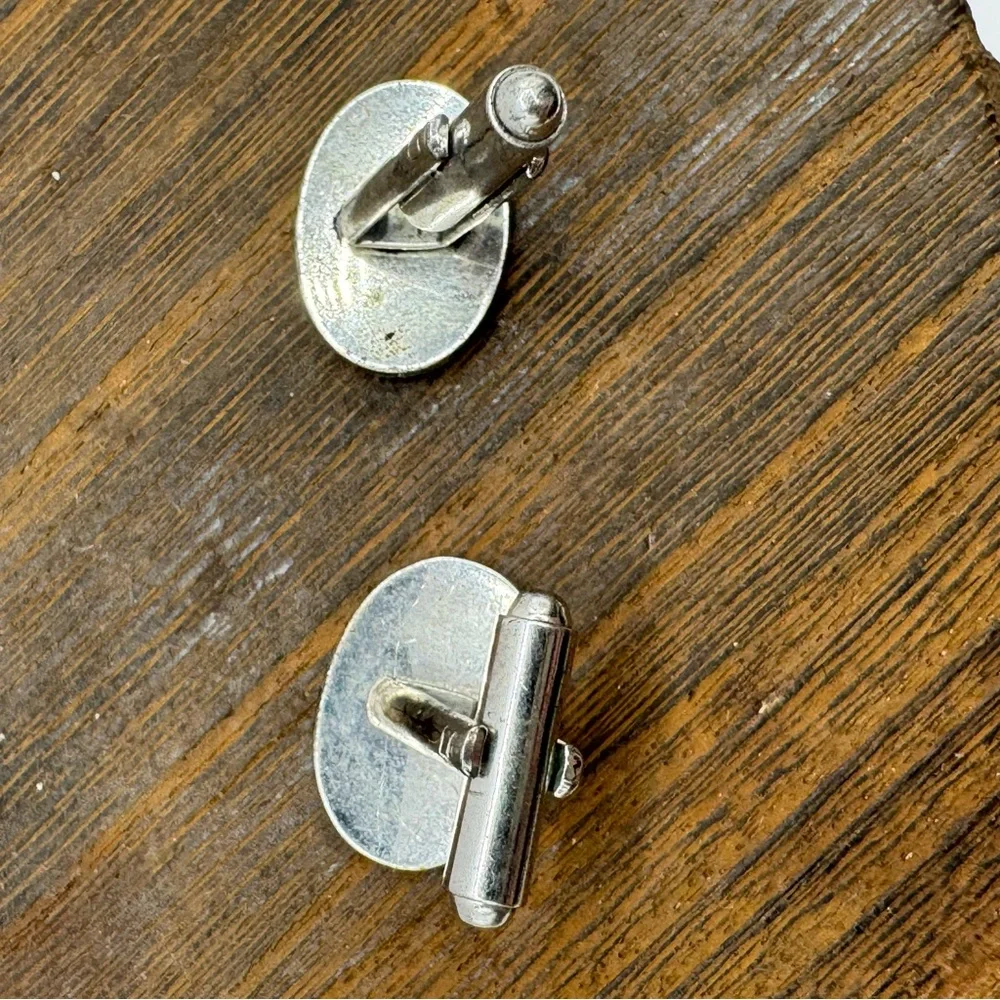 vintage silver tone cuff links etched design oval MCM dapper wedding formal